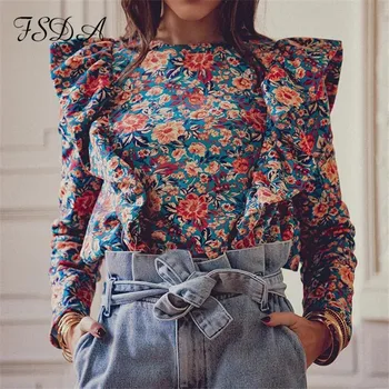 FSDA O neck kwiatowy print bluzka koszula kobiety z długim rękawem Boho falbany wiosna jesień panie biuro elegancki top koszulka damska