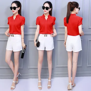 Damskie topy i bluzki szyfonowe bluzki damskie z krótkim rękawem białe koszule koreański modne ubrania plus size XXL damskie topy kobiety