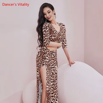 Taniec Brzucha Sukienka Leopard Print V-Neck Długa Spódnica Praktyka Odzież Damska Dorosła Wschodnia Taneczna Odzież Elegancka Odzież Dla Występów