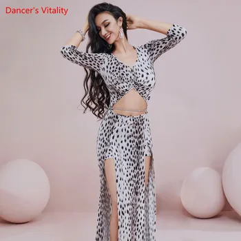 Taniec Brzucha Sukienka Leopard Print V-Neck Długa Spódnica Praktyka Odzież Damska Dorosła Wschodnia Taneczna Odzież Elegancka Odzież Dla Występów