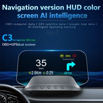 C3 nawigacyjne lustro HUD samochodowy głowy wyświetlacz z OBD2 HD GPS nawigacji Bluetooth, szyba przednia prędkość projektor autoalarm