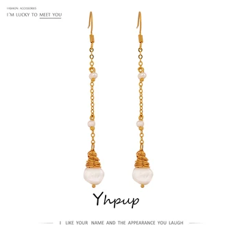 Yhpup moda naturalne perły baroku kolczyki kolczyki miedź długi łańcuch kolczyki Oorbellen букле d ' nazywany oreille femme 2020 biżuteria