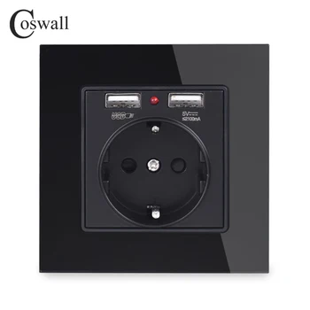 Coswall Crystal Glass Panel Dual USB Charge Port 2.1 A Wall Charger Adapter LED Indicator 16A EU Power Socket Outlet kolor czarny