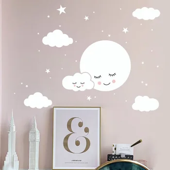 Ekologicznie czyste białe kreskówka chmury księżyc naklejki ścienne, pokój dziecięcy dekoracje pokoju dziecięcego wymienne winylowe naklejki na ściany pokoju, wystrój domu