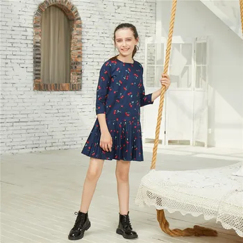 PatPat 2020 nowy jesienno-wiosenny modny Wiśniowy allover print sukienka z długim rękawem dla Dzieci sukienki dla dziewczynek ciemno-niebieski odzież dziecięca