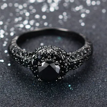 Punk mężczyzna kobiet czarny kamień pierścień Rocznika 14K czarne złoto pierścionki zaręczynowe dla kobiet, mężczyzn obiecują okrągły pierścionek zaręczynowy