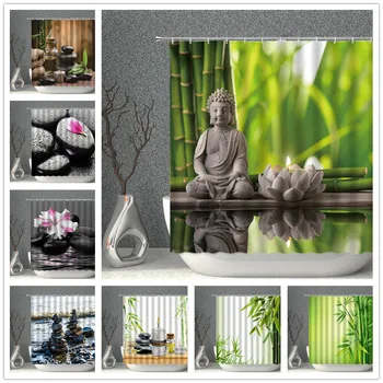 Zen prysznicem kurtyna 3D zielony bambus bieżąca woda Budda poliestrowa tkanina zasłony do kąpieli wodoodporny ekran łazienki wystrój domu