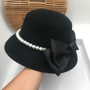 Francuski perły wełna kokardą rybacki kapelusz czarny angielski japoński kapelusz elegancki mały kapelusze wiadro