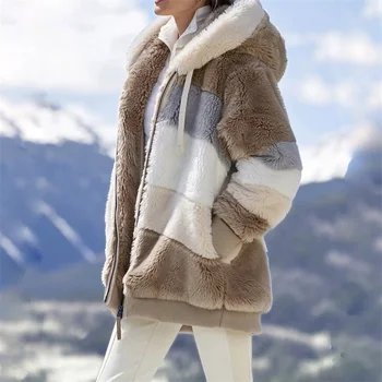Płaszcz zimowy damski płaszcz futro kurtka Patchwork kurtka z kapturem, z kieszeniami, luźne długie rękawy kobiecy płaszcz plus rozmiar 5XL