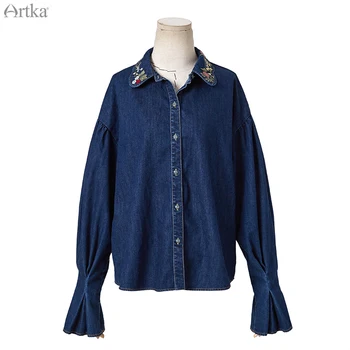 ARTKA 2019 jesień Nowa Damska jeansowa koszula dekolt haftowane koszula Vintage lampa rękaw bluzka casual jeansowa koszula SN10189D
