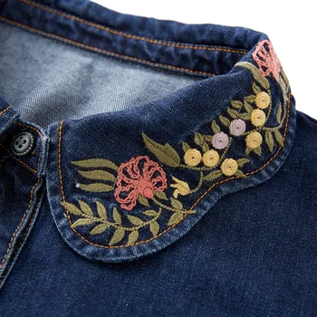 ARTKA 2019 jesień Nowa Damska jeansowa koszula dekolt haftowane koszula Vintage lampa rękaw bluzka casual jeansowa koszula SN10189D