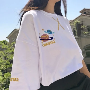 Koszulki damskie drukowane proste O-neck All-match koreański styl moda studenci letnie oddychające damskie wolny czas z krótkim rękawem różowy