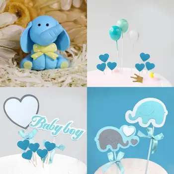 Baby shower cake topper elephant cake decoration, 1 niebieski słoń, 2 слоновых cake toppers, 1 baner baby boy, 11 świecą serc