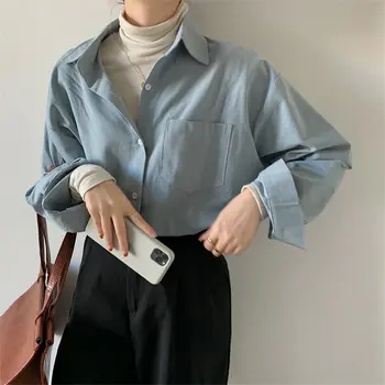 HziriP Work Wear lapel pełne rękawy temat 2021 New OL Elegant Fashion Women Solid Korean Blouses Minimalist Shirt Basic Tops