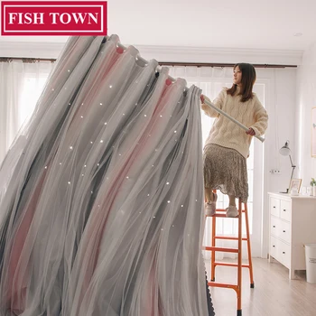 FISH TOWN Romantic Rainbow Color Two Pass Curtain Girl Kids Bedroom Full Blackout Window Drapes Hollow Star Curtain Home Decor