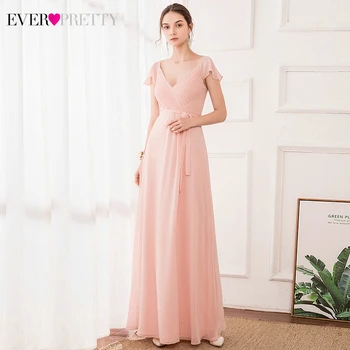 Eleganckie różowe sukienki druhny Ever Pretty EP00892PK Cap Sleeve A-Line V-neck łuk pasa proste szyfonu suknie ślubne