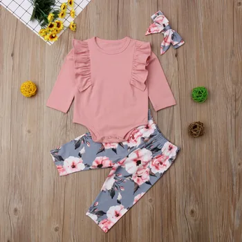 2020 noworodka dziecko dziewczynka wiosna-lato odzież kwiat Potargane top suwaki spodnie, opaska na głowę 3szt ochrony przeciwsłonecznej kostium stroje odzież 0-4Y
