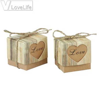 100 szt./lot serce pudełko czekoladek na wesele dekoracja, romantyczny Vintage Kraft ślubne pudełko na pamiątki i pudełko z juta szpagat chic