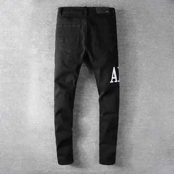 Nowe męskie męskie modne uliczne casual dżinsy męskie czarne podarte patch odcinek cienkie spodnie jeansowe