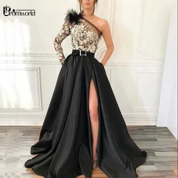 Długie rękawy suknia wieczorowa-Line koronki długie sukienki na studniówkę z kieszeniami na jedno ramię seksowny Split czarna satyna suknia 2020