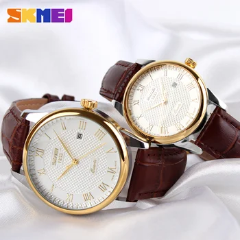 SKMEI para zegarek Kwarcowy damski zegarek męski luksusowy skórzany pasek zegarek wyświetlacz daty sukienka zegarek relogio masculino 9058