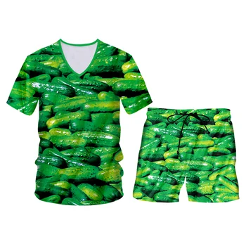 CJLM Summer 2 Piece Set 3D Paint Pickles Ogórek Graphic Short Sleeve Tank Tops Shorts Mens Sets Gym Sleeveless Kapturem Tee Set