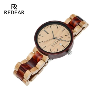 REDEAR Hot Sell Newest Wood Watch with Week Show Date Display zegarek kwarcowy dwukolorowe drewniane zegarki męskie zegarki prezenty ślubne