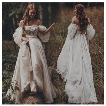 LORIE Off The Shoulder Princess Wedding Dress Sweetheart Appliqued Puff Sleeves Bride Dress-A-Line Backless Boho Wedding Dress