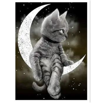 5D Diamond Painting Beach by Number Kits, Painting Cross Stitch Full Drill Cat on the crescent moon