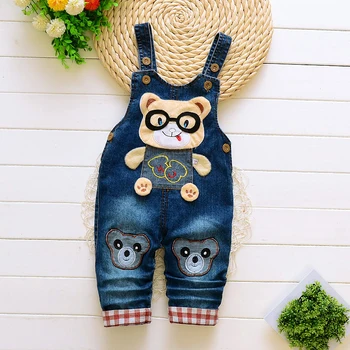 DIIMUU dziecko odzież Dziecięca dla chłopców ogrodniczki jeansowe śliniaki spodnie kreskówka niedźwiedź ładny codzienny kombinezon długie spodnie modne kombinezony 1-4 T
