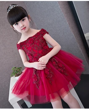 Czerwona Sukienka Kwiat Bez Ramion Aplikacje Korowód Sukni Ślubnej Dziewczyny Eleganckie, Formalne Nastolatki Dziewczyny Świąteczny Strój