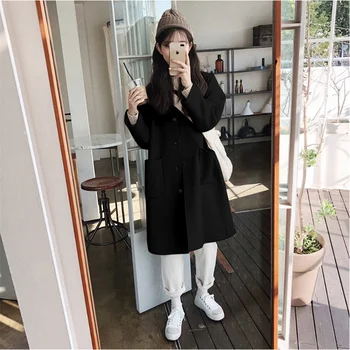 2020 Zima Korea Moda Wełna Kobiety Długie Duże Kieszenie Jednorzędowy Kobiecy Elegancki, Eleganckie Tkaniny Wełniane College Styl Odzieży