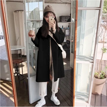 2020 Zima Korea Moda Wełna Kobiety Długie Duże Kieszenie Jednorzędowy Kobiecy Elegancki, Eleganckie Tkaniny Wełniane College Styl Odzieży