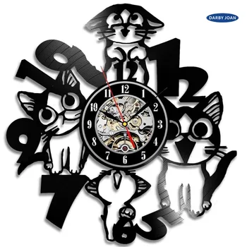 Kot 3D zegar ścienny czarny zegar ścienny twórczy płyta Winylowa wisi zegar wystrój domu pies lis zwierzę, Bezpłatna wysyłka