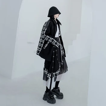 [EAM] wysoka elastyczna talia nieregularne plaid paski kieszeni Полутелая spódnica damska moda przypływ nowego jesień zima 2021 1DD1288