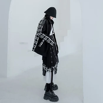 [EAM] wysoka elastyczna talia nieregularne plaid paski kieszeni Полутелая spódnica damska moda przypływ nowego jesień zima 2021 1DD1288