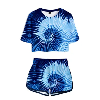 Tie Dye 3d Print kobiecy strój sportowy kolorowy psychodeliczny zestaw z dwóch części, Seksowna, krótka koszulka topy i szorty, stroje letnie damskie komplety