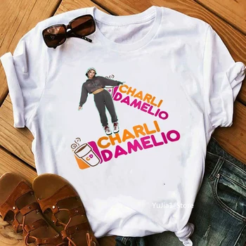 Odzież damska Charli Damelio kawy graficzny print t-shirt Femme Vogue koszulka Damska Harajuku Kawaii odzież hip-hop t-shirt