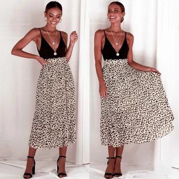 Kobiety Lato 2019 Leopard Print Szyfonowe Spódnice Wysokiej Talii Plisowana Plażowe Boho Stylowa Spódnica Midi