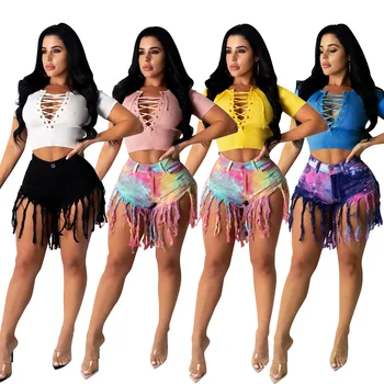 Kolorowe Koszulki Pit Strip T Shirts 2020 Summer Women Sexy Lace Up Short Sleeve Fashion Hollow Out Banding Short Casual Tops Tee