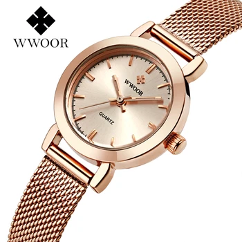 WWOOR Luxury Brand Watch Women Bracelet Watch różowe złoto stalowa siatka kwarcowy damski zegarek Wodoodporny zegarek dla kobiet montre femme