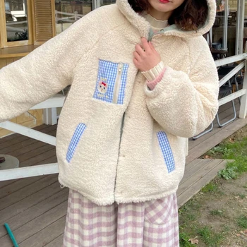 HWLZLTZHT dwustronna damska kurtka z kapturem kurtka zimowa japońskie kobiecy płaszcz ciepły дубленка dla kobiet