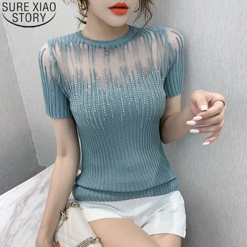 2021 damska letnia koreańskiej odzież z dzianiny, bluzka sexy diamenty przezroczyste bluzki damskie Ropa Mujer koszula z krótkim rękawem elastyczna koszula