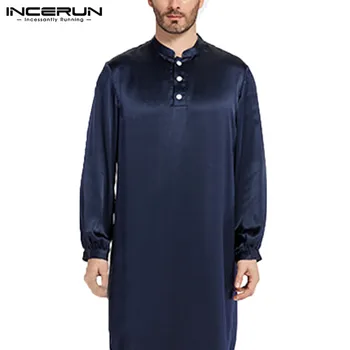 Koszula Nocna Mężczyźni Szlafrok Piżama Jedwab Satyna Z Długim Rękawem Szlafrok Lounge Arabe Sukienka Koszula Sukienka Masculina Islamski Odzież Męska