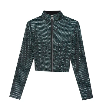 Wiosna jesień seksualne genialny płaszcz odzież damska na zamek sweter brytyjski styl cekiny krótka kurtka Ropa Mujer elastyczny gorący C00601L